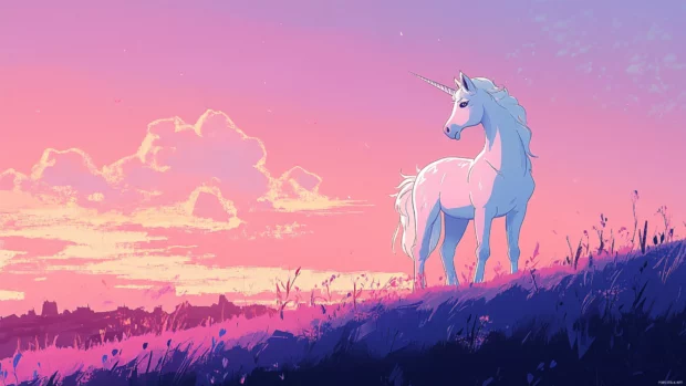 A dreamy sky glows over a unicorn in this Cartoon pastel unicorn background.