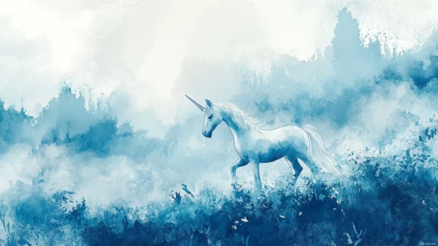 A dreamy sky painted in soft tones with a unicorn in this Cute watercolor unicorn illustration.