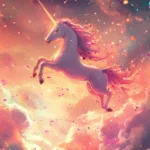 A dreamy unicorn flying through glowing confetti clouds.