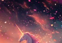 A dreamy unicorn flying through glowing confetti clouds.