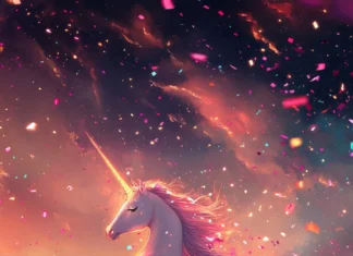 A dreamy unicorn flying through glowing confetti clouds.