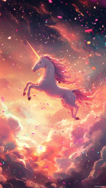 A dreamy unicorn flying through glowing confetti clouds.