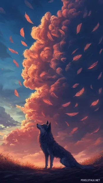 A dreamy vertical scene of a wolf under an open sky with clouds shaped like feathers.