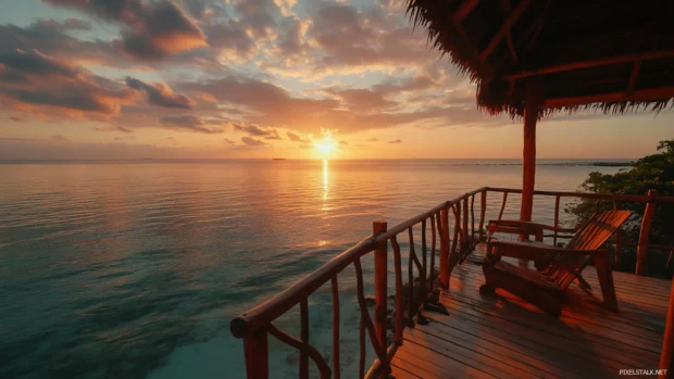 A dreamy view of the sea kissed by sunrise light.