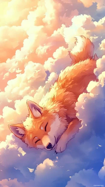 A dreamy watercolor style wolf floating upside down among soft clouds.