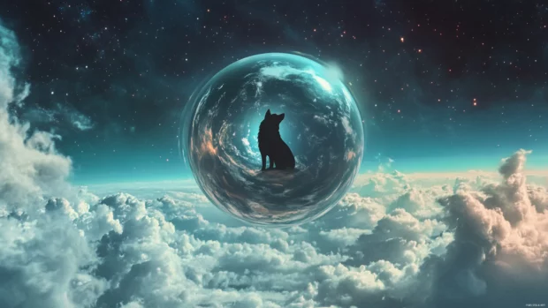 A dreamy wolf silhouette inside a galaxy bubble floating above Earth.