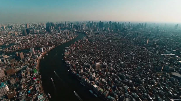 A drones perspective reveals the dense core of Tokyo Cityscape.