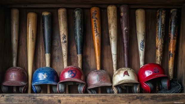 A dugout scene with bats, gloves, and helmets arranged neatly captured in Baseball action shot wallpaper.