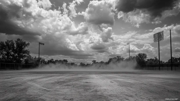 A dusty baseball field under clouds in black and white.