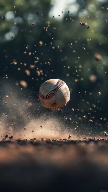 A dusty baseball rolling across the infield, captured in cinematic slow motion detail.