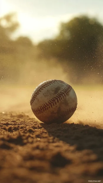 A dusty baseball rolling across the infield, captured in cinematic slow motion detail.
