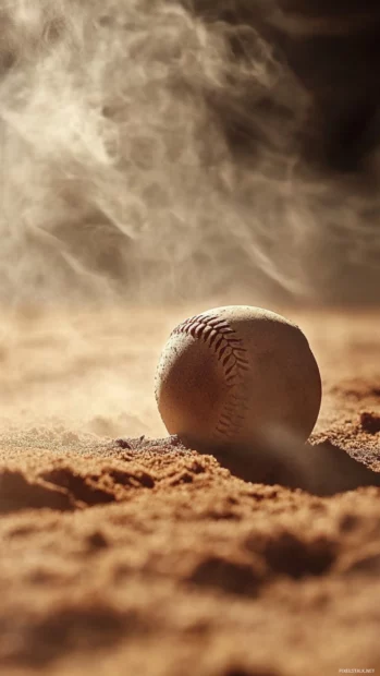 A dusty baseball rolling across the infield, captured in cinematic slow motion detail.