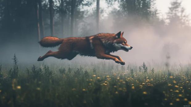 A dynamic 3D render of a fierce wolf sprinting through a stylized foggy forest.