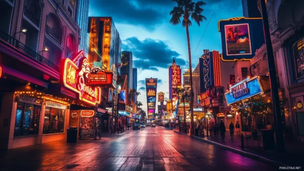 A dynamic Las Vegas cityscape featuring the bright lights of Fremont Street, modern high rises, and a sense of excitement.