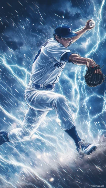 A dynamic anime style illustration of a baseball mid pitch, with exaggerated speed effects, bold shading, and electric energy lines.