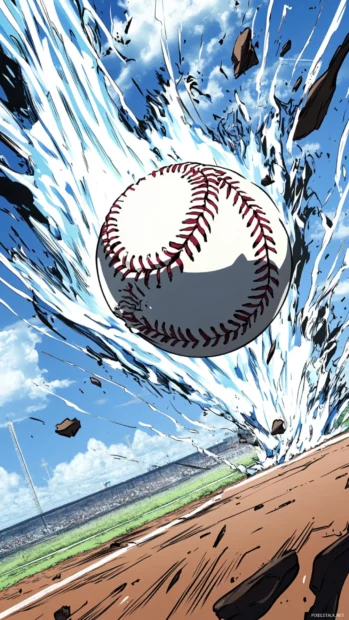 A dynamic anime style illustration of a baseball mid pitch, with exaggerated speed effects, bold shading, and electric energy lines.