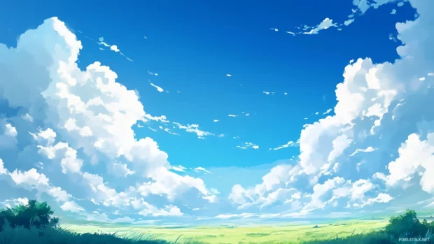 A dynamic blue sky with rolling clouds casting soft shadows over a vast landscape.