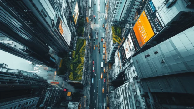 A dynamic city with vertical gardens, glowing billboards, and modern transport, viewed from above.