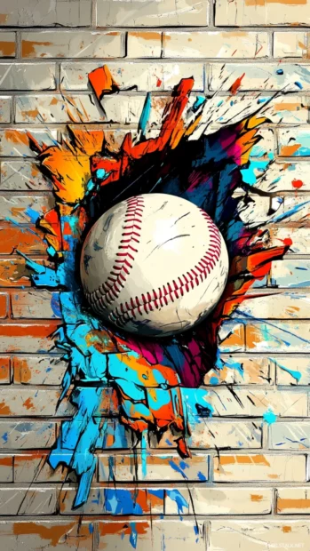 A dynamic graffiti style illustration of a baseball smashing through a brick wall, with spray painted textures and splashes of bright color.