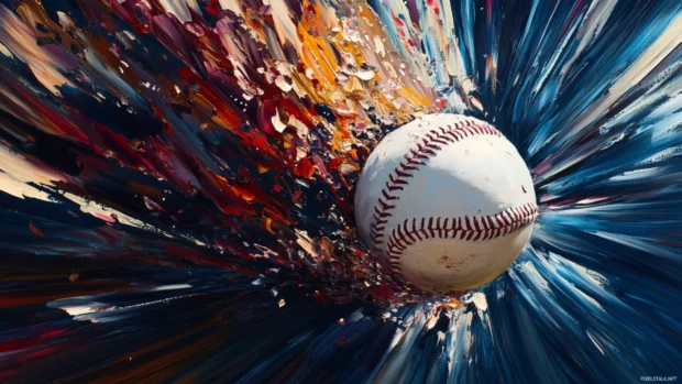 A dynamic oil painting of a baseball mid air, surrounded by expressive brushstrokes and vibrant colors capturing motion.