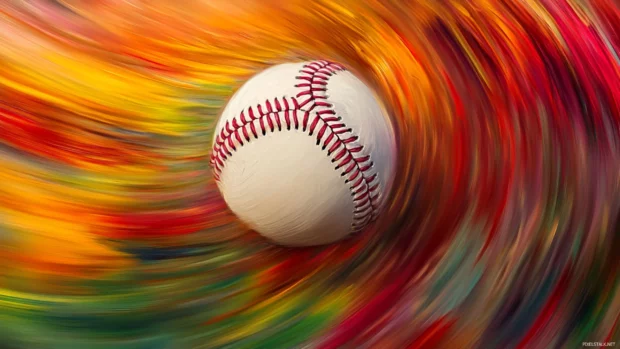 A dynamic oil painting of a baseball mid air, surrounded by expressive brushstrokes and vibrant colors capturing motion.