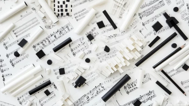 A dynamic overhead view of multiple sheets of music laid out in a creative pattern, with scattered pencil marks and erasers, showcasing the process of composition.
