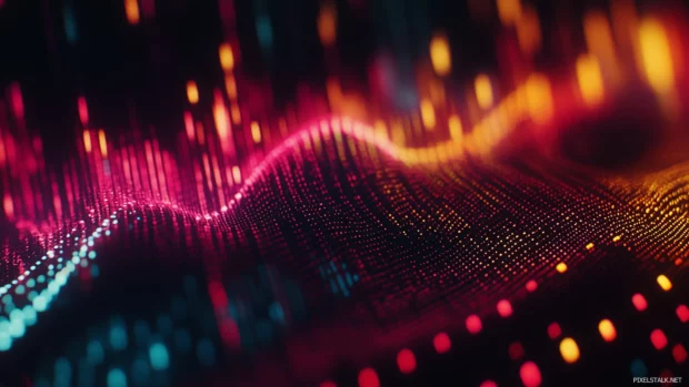A dynamic shot of colorful sound waves representing a rock song, layered over a dark background with subtle lighting effects to create a sense of movement.