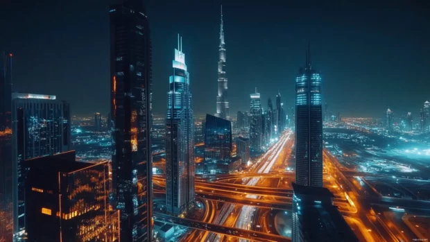 A dynamic traffic flow under glowing towers, great for a night city wallpaper 4k.