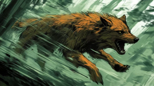 A dynamic view of a brown wolf darting between pine trees in dense woodland.