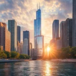 A dynamic view of the Chicago skyline from the river, with the Willis Tower and iconic skyscrapers during golden hour.