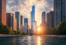 A dynamic view of the Chicago skyline from the river, with the Willis Tower and iconic skyscrapers during golden hour.