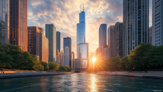A dynamic view of the Chicago skyline from the river, with the Willis Tower and iconic skyscrapers during golden hour.