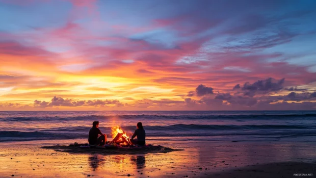 A family enjoying a picnic on the beach at sunset.