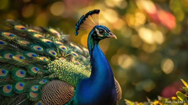 A fan of iridescent feathers glowing under golden sunlight in a lush garden.
