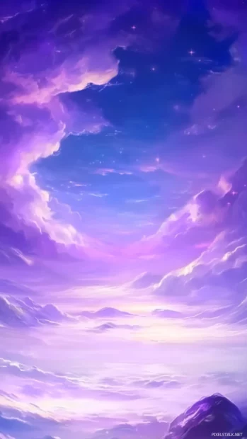 A fantasy inspired purple sky filled with swirling clouds and hints of violet light stretching across the horizon.