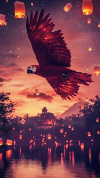 A fantasy parrot soaring past floating lanterns in a twilight sky.