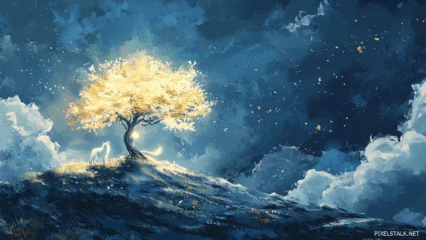 A fantasy scene of a glowing spirit wolf guarding a tree of light.
