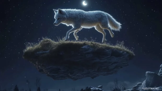 A fantasy scene of a white wolf flying above a floating island under stars.