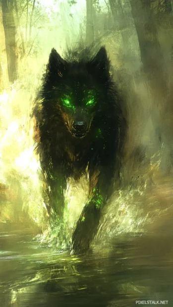 A fantasy scene where a glowing alpha wolf steps through a mirror lake into a new realm.