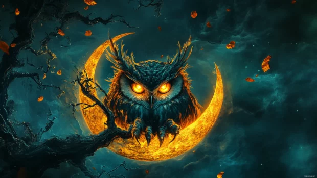 A fantasy style owl with glowing feathers sitting on a crescent moon.