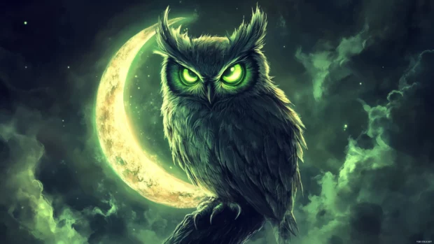 A fantasy style owl with glowing feathers sitting on a crescent moon.