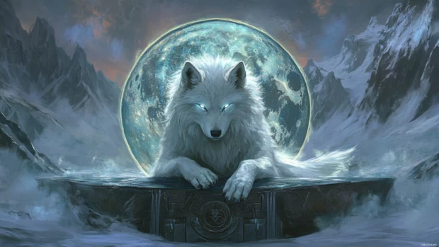 A fantasy style portrait of a glowing white wolf in front of a moon shaped portal.