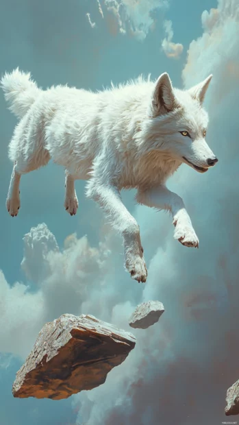 A fantasy style white wolf leaping across floating stone bridges in the sky.