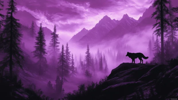 A fantasy style wolf walks across a mystical glowing mountain range in this unique mountain wolf wallpaper.