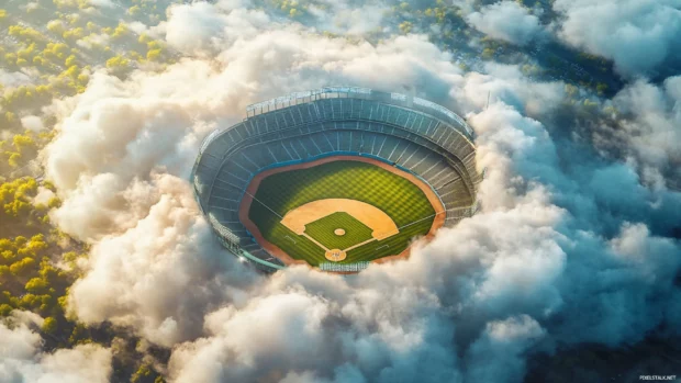 A fantasy themed baseball stadium floating in the clouds, illustrated with dreamy, soft brush strokes and glowing highlights.