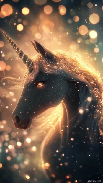 A fantasy unicorn glitter wallpaper featuring a unicorn surrounded by twinkling lights.
