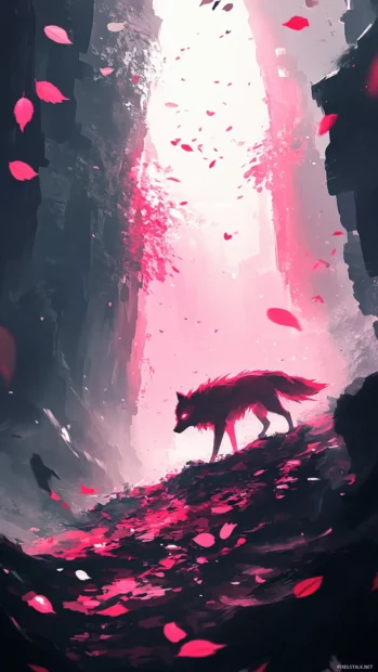 A fantasy vertical scene of a glowing red wolf walking through a canyon of floating leaves.
