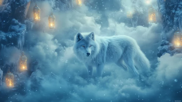 A fantasy wolf stands calmly in mist, part of a beautiful wolf.