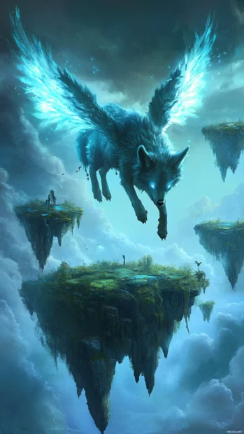 A fantasy wolf with glowing wings soaring between floating islands in a vertical dreamscape.