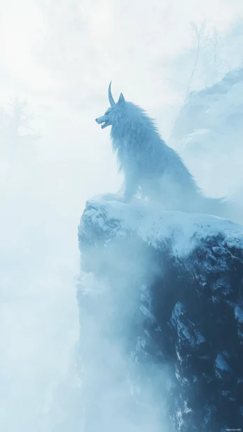 A fantasy wolf with ice horns roaring into the mist above a snow cliff.